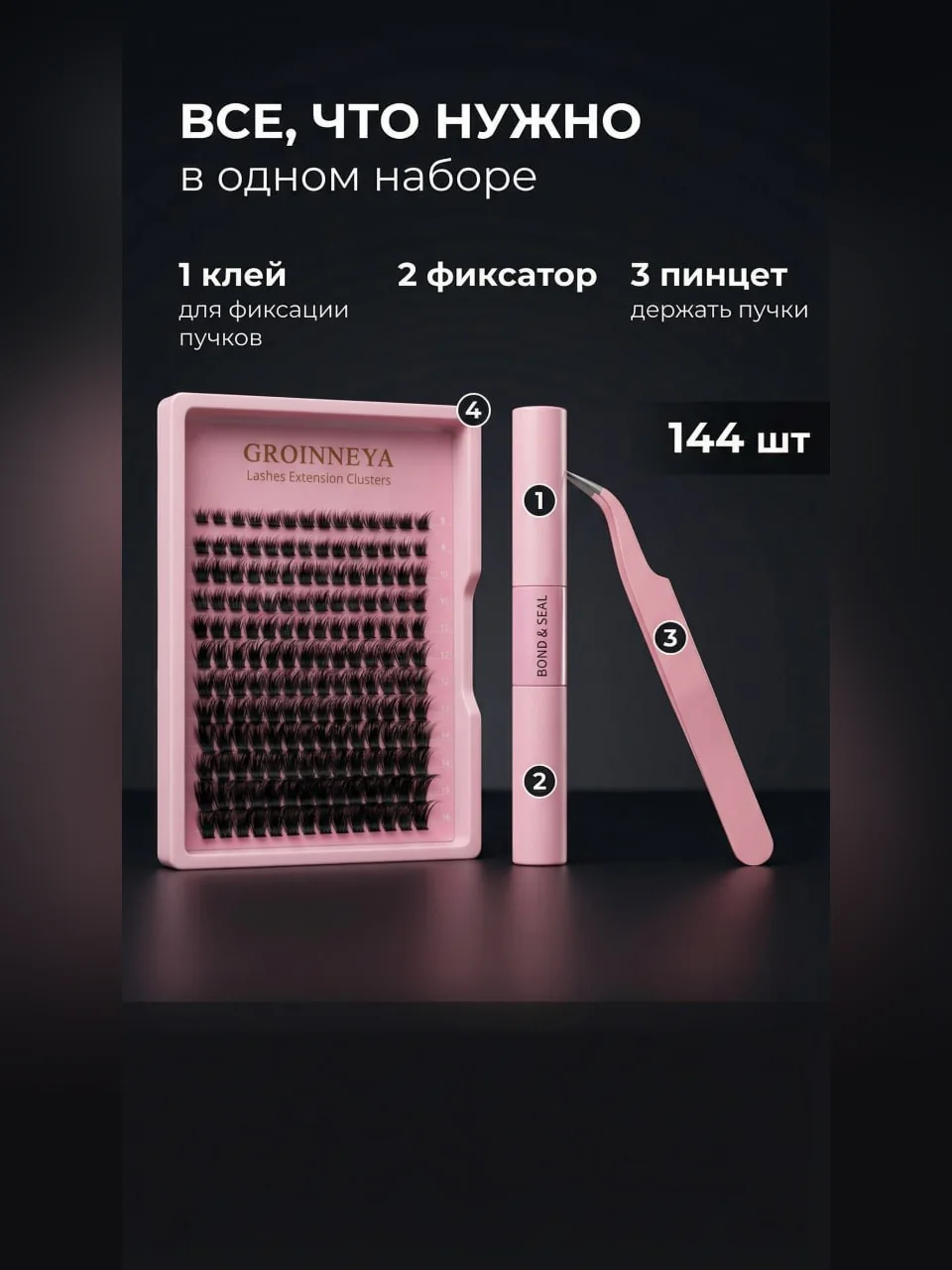 Пример ИИ-генерации карточки товара для Wildberries: набор накладных ресниц — комплектация набора